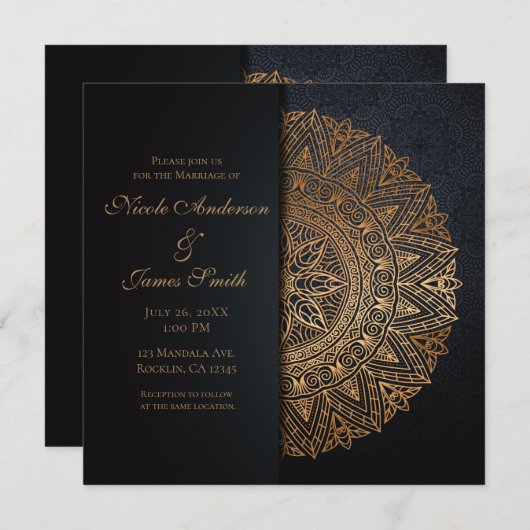 Invitation Noir & Or Mandala Mariage élégant (Devant / Derrière)