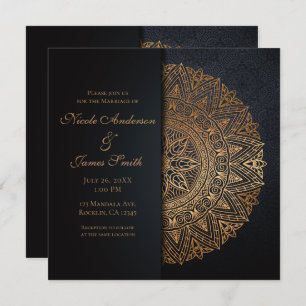 Invitation Noir & Or Mandala Mariage élégant
