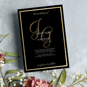 Invitation Noir or monogramme initiales mariage romantique