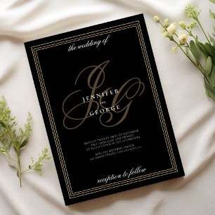 Invitation Noir or monogramme initiales mariage romantique