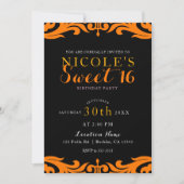 Invitation Noir & Orange Damassé Élégant Fête Douze Ans Chic (Devant)