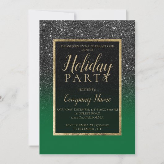 Invitation Noir parties scintillant or vert entreprise Noël (Devant)