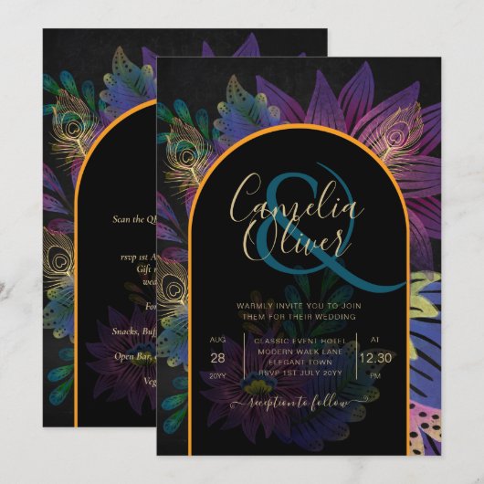 Invitation Noir Peacock Jewel Tones Floral Mariage (Devant / Derrière)