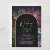Invitation Noir Peacock Jewel Tones Floral Mariage (Devant)