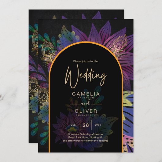 Invitation Noir Peacock Jewel Tones Floral Mariage (Devant / Derrière)