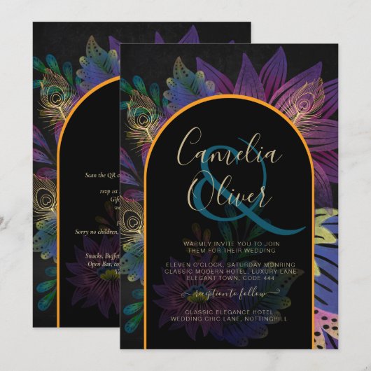 Invitation Noir Peacock Jewel Tones Floral Mariage (Devant / Derrière)