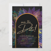 Invitation Noir Peacock Jewel Tones Floral Mariage (Devant)
