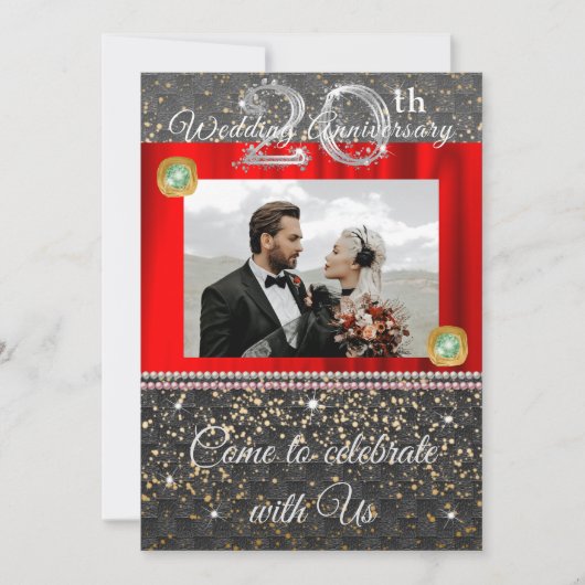Invitation Noir, Platine et Perles 20e Anniversaire de Mariag (Devant)