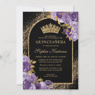 Invitation Noir Plum Plum or Parties scintillant Floral Quinc