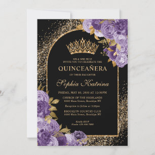 Invitation Noir Plum Plum or Parties scintillant Floral Quinc
