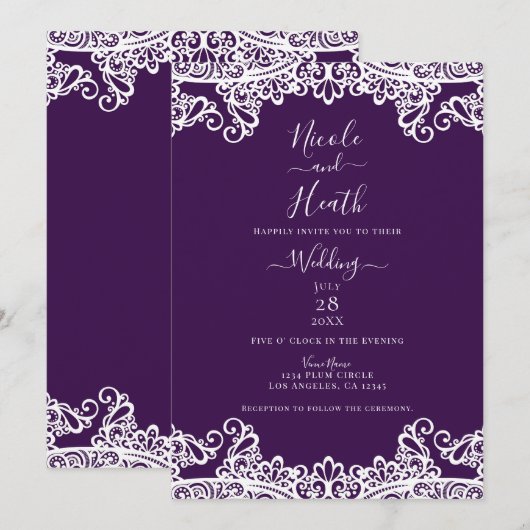 Invitation Noir Plum Violet & Blanc Dentelle Élégante Mariage (Devant / Derrière)