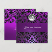 INVITATION NOIR & POURPRE DAMASK GEMME PIERRE INITIALES (Devant / Derrière)