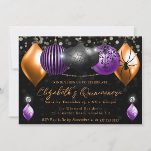 Invitation Noir pourpre, Orange Halloween Baubles Quinceanera