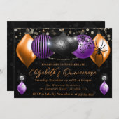 Invitation Noir pourpre, Orange Halloween Baubles Quinceanera (Devant / Derrière)
