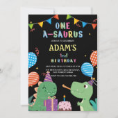 Invitation Noir Premier Anniversaire Dinosaure & Gâteau (Devant)