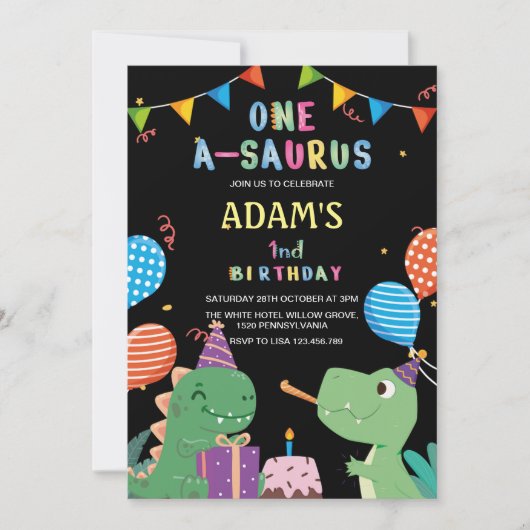 Invitation Noir Premier Anniversaire Dinosaure & Gâteau (Devant)