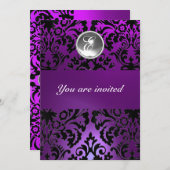 Invitation NOIR & PURPLE DAMASK GEM PIERRE MONOGRAMME glace (Devant / Derrière)