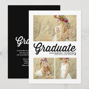 Invitation Noir Retro Script Trois Photo Graduation