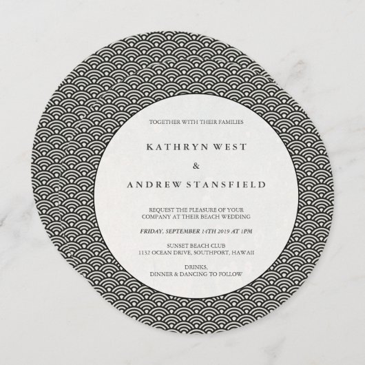 Invitation Noir rond + Blanc Art Déco Vague Motif Mariage (Devant / Derrière)