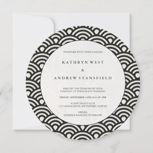 Invitation Noir rond + Blanc Japonais Vagues Mariage (Devant)