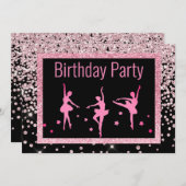 Invitation Noir rose Ballerina Étincelle Enfants Anniversaire (Devant / Derrière)