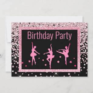 Invitation Noir rose Ballerina Étincelle Enfants Anniversaire