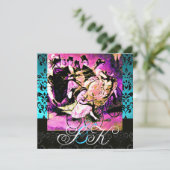 INVITATION NOIR ROSE BICYCLETTE MARIAGE DAMASSÉ MONOGRAMME (Debout devant)