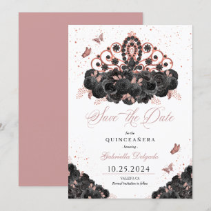 Invitation Noir & Rose Gold Tiara Enregistrer La Date Quincea