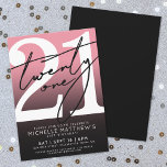 Invitation Noir rose moderne 21e anniversaire<br><div class="desc">Invitation à la fête du 21e anniversaire rose et noir. Célébrez votre vingt et un ans de style grâce à ce design audacieux et chic. La moitié supérieure est composée d'un grand "21" blanc avec un script noir sassy écrit à la main "Cheers" superposé, se détachant contre un arrière -...</div>