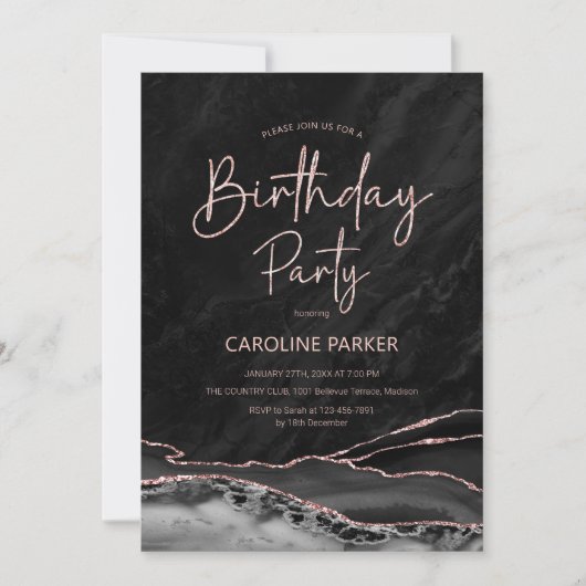 Invitation Noir Rose Or Anniversaire N'importe quel âge (Devant)