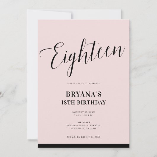 Invitation Noir rose Script minimal moderne dix-huit 18 18e (Devant)