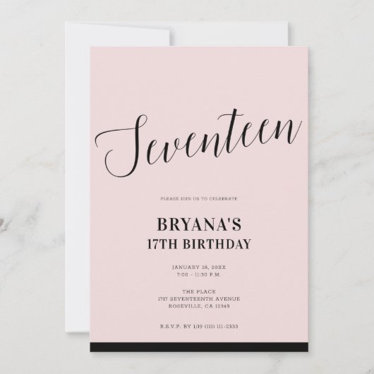Invitation Noir rose Script minimal moderne dix-sept 17 17e (Devant)