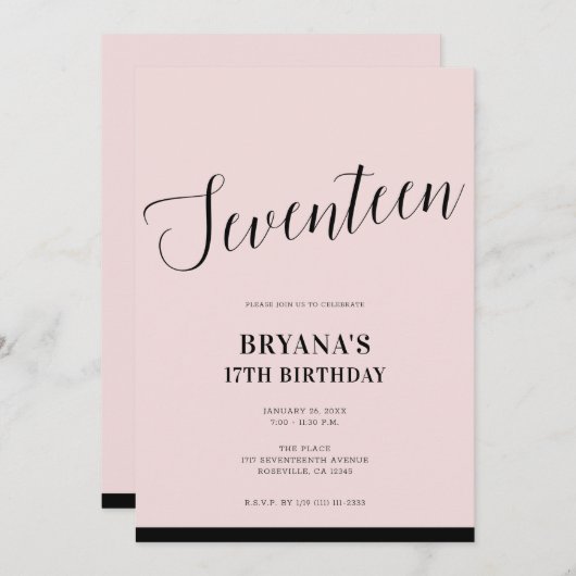 Invitation Noir rose Script minimal moderne dix-sept 17 17e (Devant / Derrière)