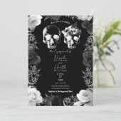 Invitation Noir Roses Blanches Crâne de squelette Fiançailles (Debout devant)