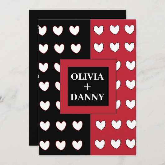 Invitation Noir Rouge Blanc Coeurs Motif Mariage moderne (Devant / Derrière)