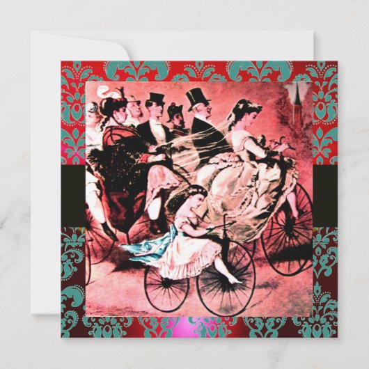 INVITATION NOIR ROUGE BLEU BICYCLETTE MARIAGE DAMASQUE MONOGR (Devant)