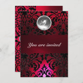 Invitation NOIR & ROUGE DAMASK GEMME PIERRE MONOGRAMME bordea (Devant / Derrière)