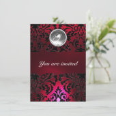 Invitation NOIR & ROUGE DAMASK GEMME PIERRE MONOGRAMME bordea (Debout devant)