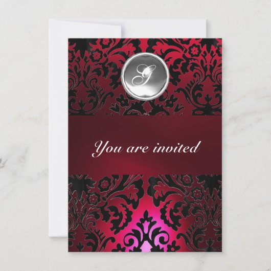 Invitation NOIR & ROUGE DAMASK GEMME PIERRE MONOGRAMME bordea (Devant)