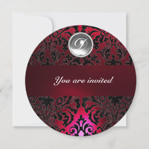 Invitation NOIR & ROUGE DAMASSÉ PIERRE GEMME MONOGRAMME borde