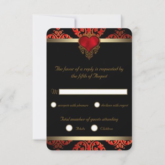 Invitation Noir rouge et mariage or RSVP (Dos)