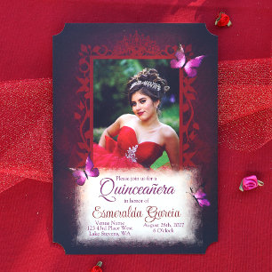 Invitation Noir, Rouge Foncé, Papillons Violets Quinceanera