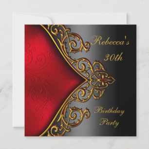 Invitation Noir Rouge Or Bijou 30ème Élégante Fête d'Annivers