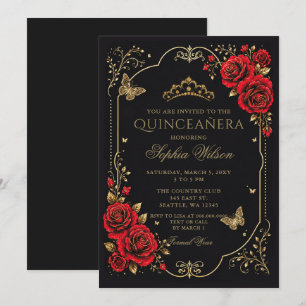 Invitation Noir Rouge Or Floral Papillon Quinceanera