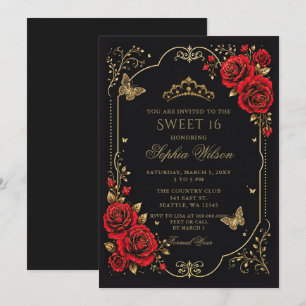 Invitation Noir Rouge Or Floral Papillon Sweet 16