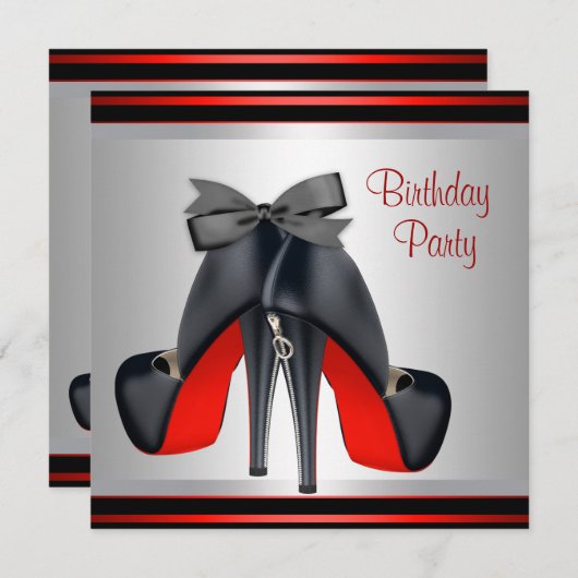 Invitation Noir Rouge talon haute chaussures fête d'anniversa (Devant / Derrière)