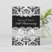 Invitation Noir Ruban de Damas Perle Argent 25e Anniversaire (Debout devant)