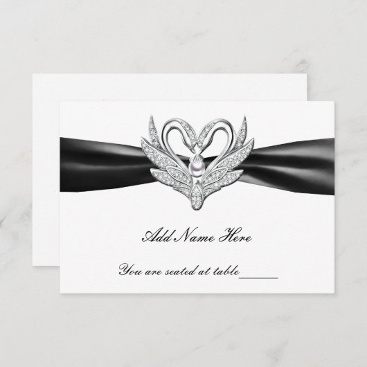 Invitation Noir Ruban Swans en argent Table Place Card (Devant / Derrière)