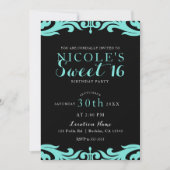 Invitation Noir & Sarcelle Élégant Chic Damas Soirée Douce 16 (Devant)