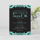 Invitation Noir & Sarcelle Élégant Chic Damas Soirée Douce 16 (Debout devant)